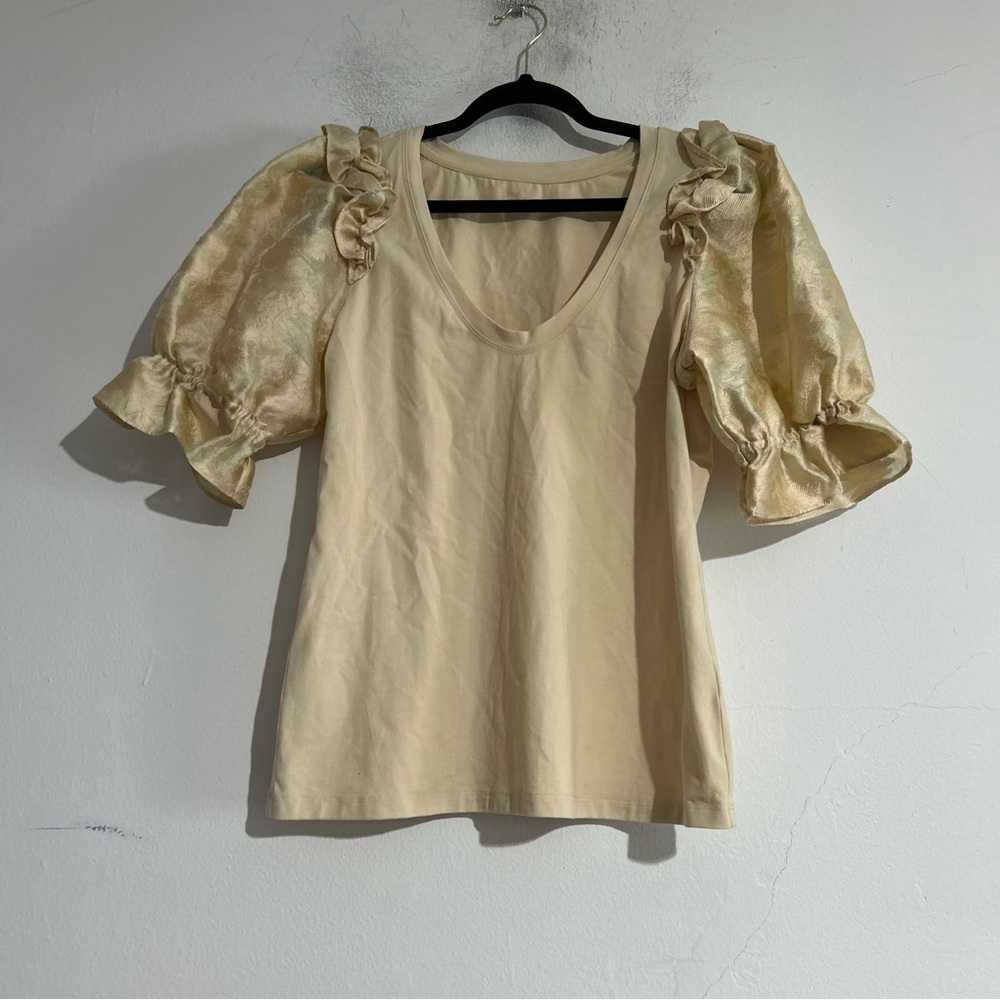Anthropologie Short Sleeve Brocade Embossed Ruffle Tee Large Office Work Boho